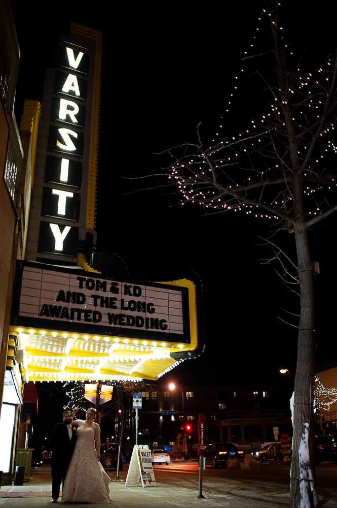 bride and groom outside of the Varsity in Minneapolis Minnesota