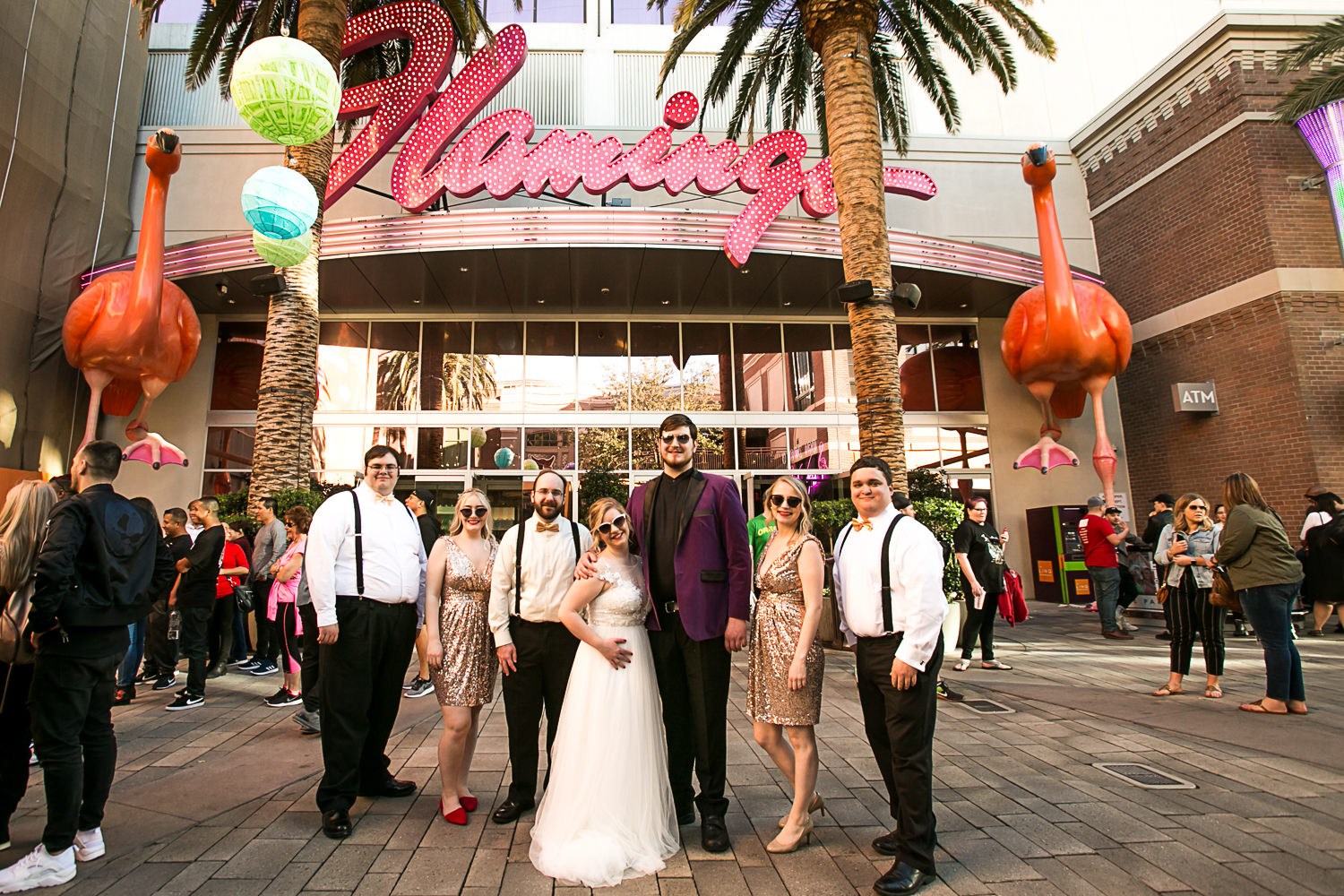 wedding party in front of the Flamingo in Las Vegas
