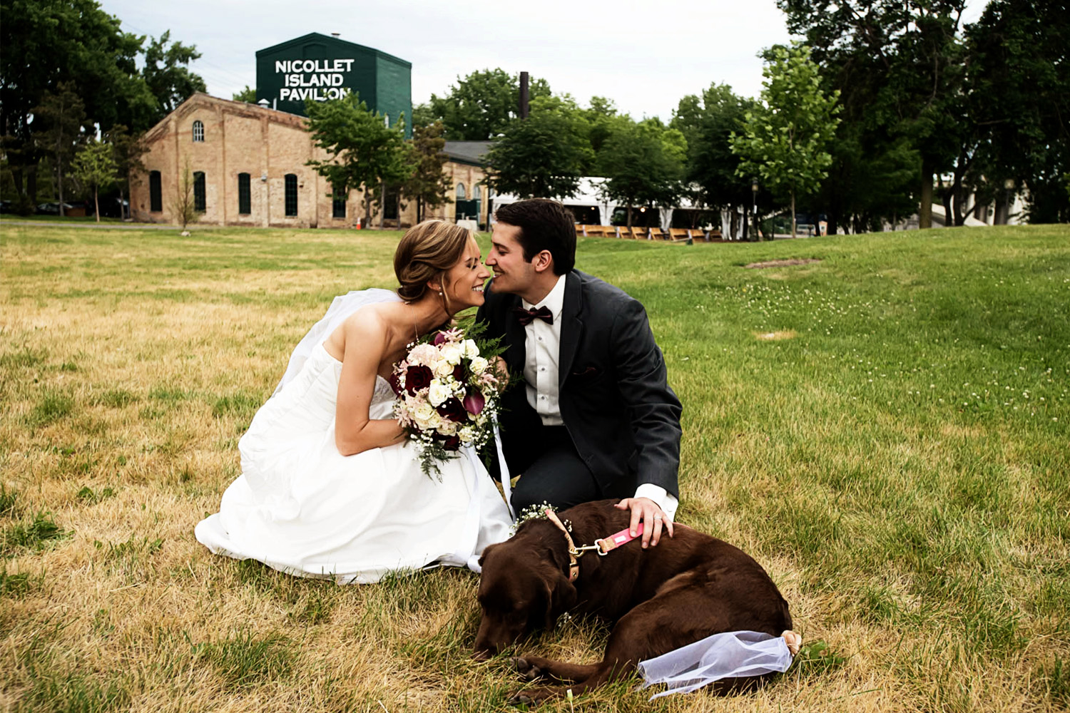 Bride Groom and Dog at Nicollet Island Wedding
