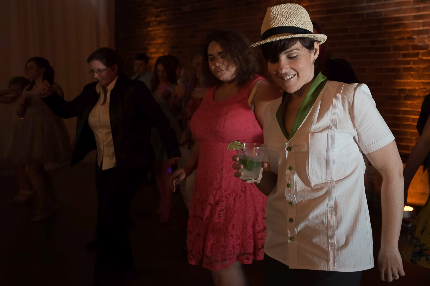 bride dancing with the weddings guests during the reception at Neu Neu
