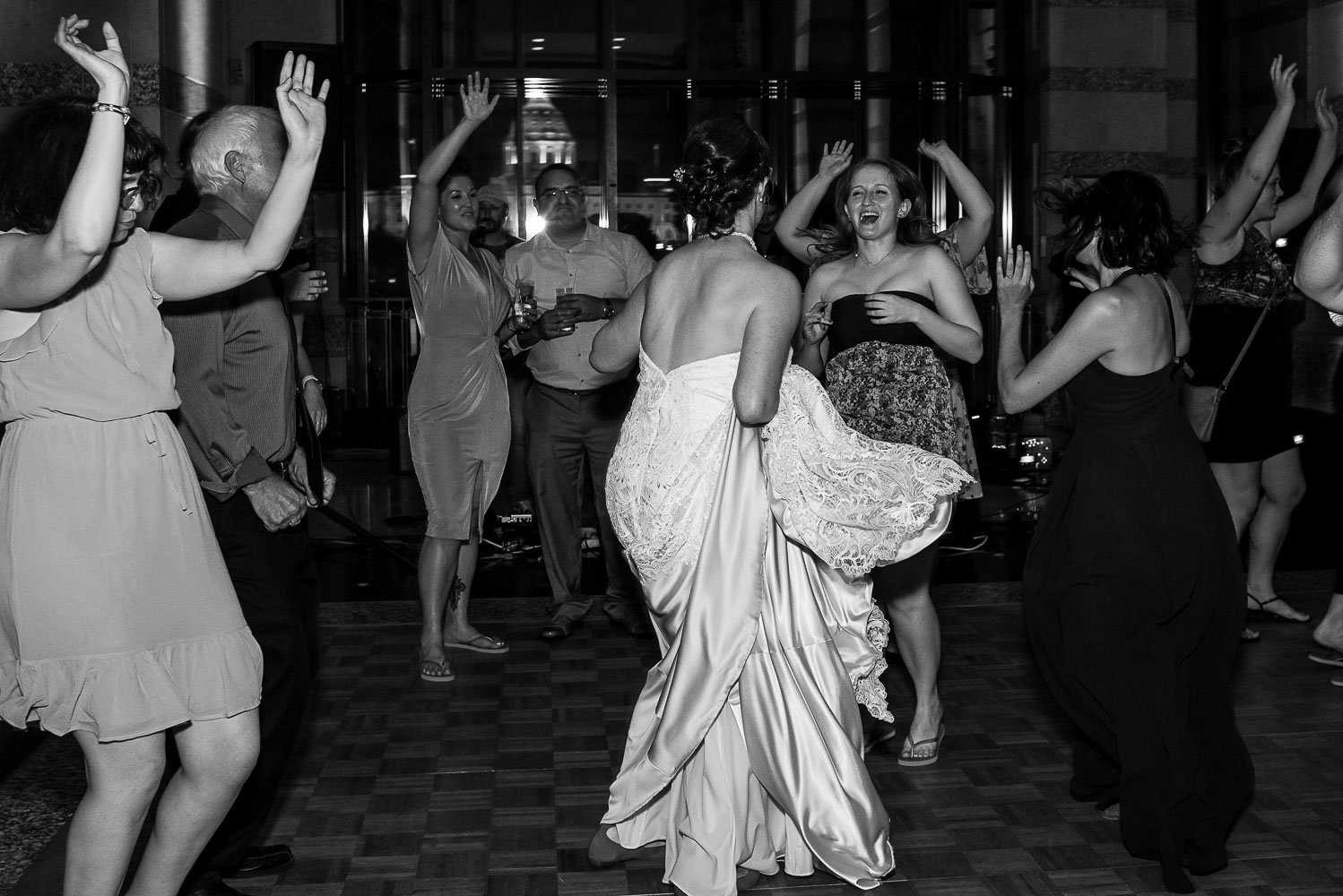 bride dancing with the guests at the wedding at the Minnesota History Center
