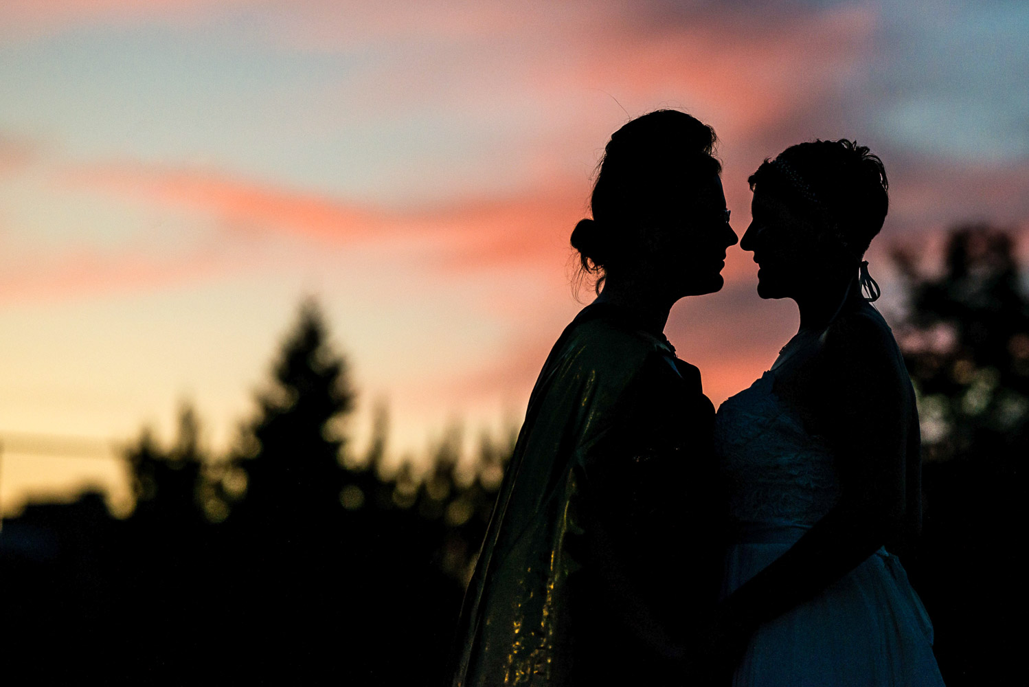 same sex wedding silhouette at sunset