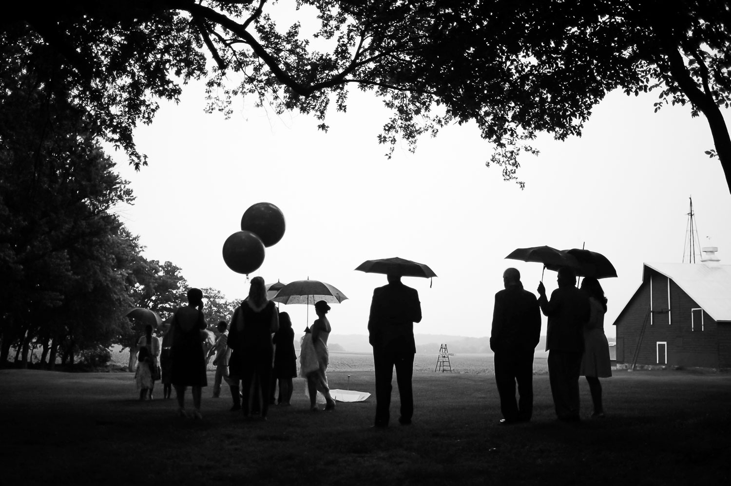 wedding guests holding umbrellas waiting for the rain to stop on the Iowa farm