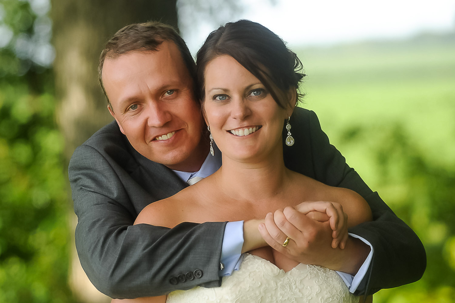 bride and groom at their Iowa farm wedding