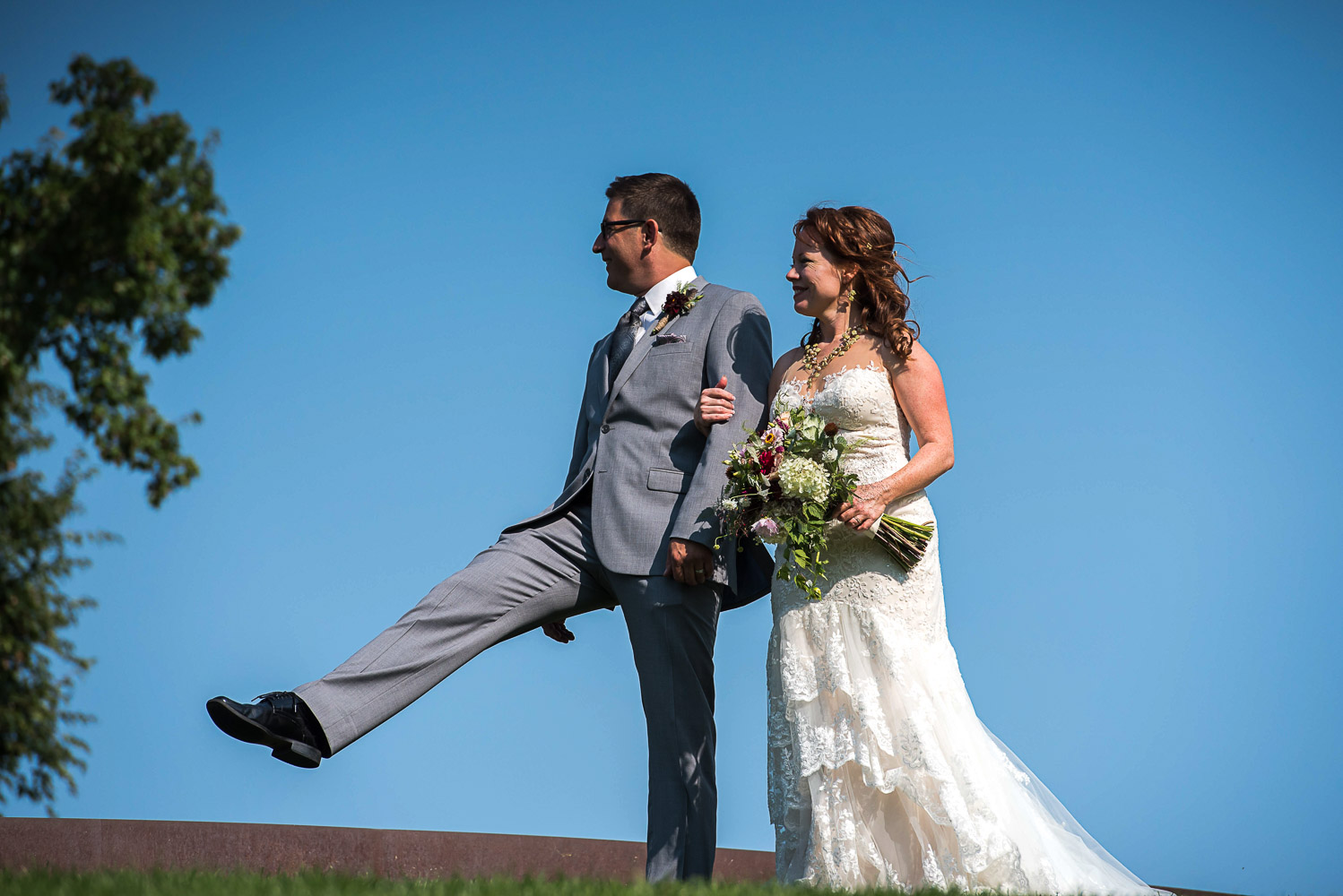 bride and groom at Gold Medal Park in Minneapolis