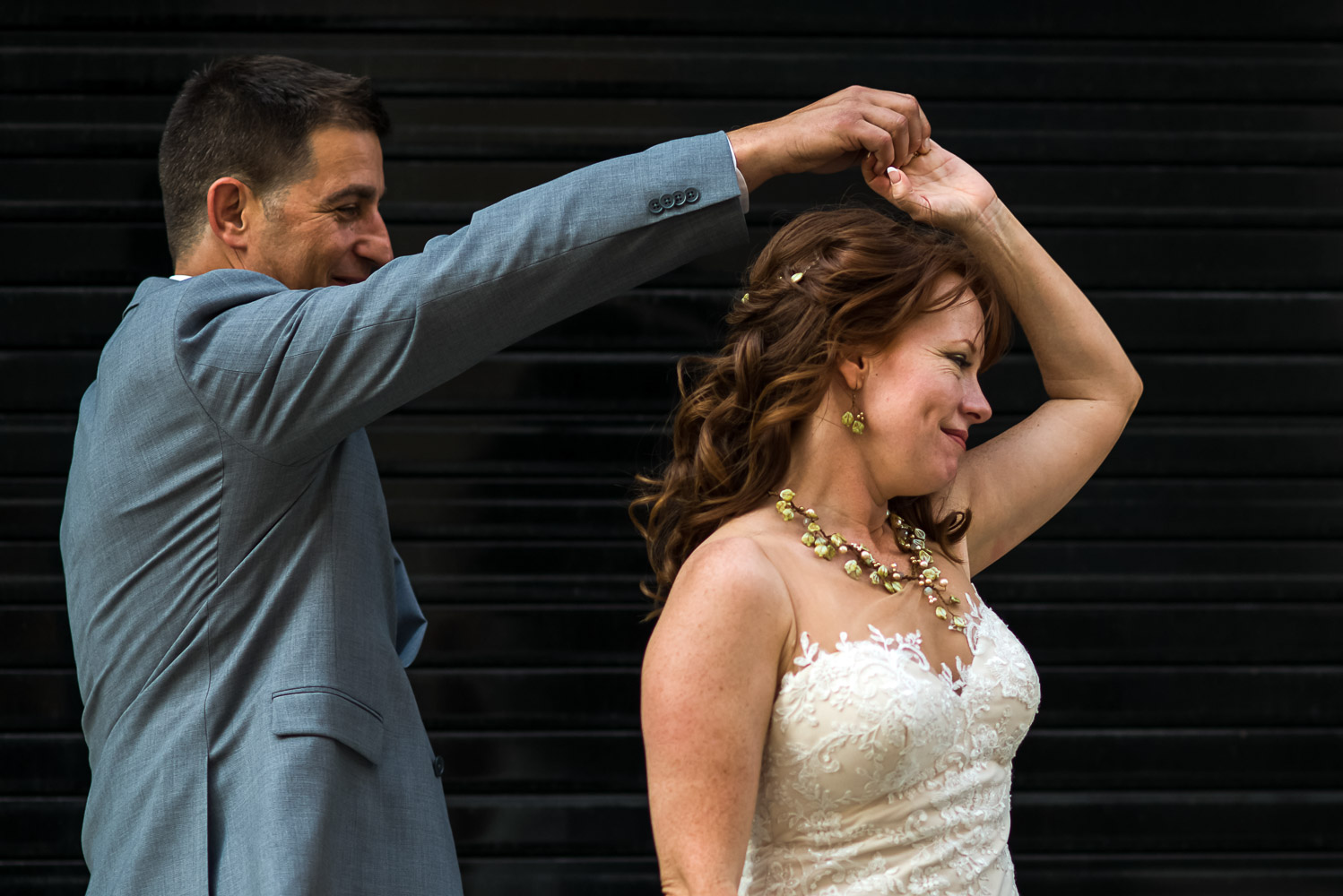 bride and groom portrait in Minneapolis on St Anthony Main