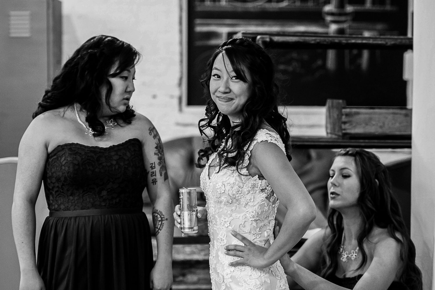 bride getting ready in the dressing room of her wedding venue Neu Neu in Minneapolis