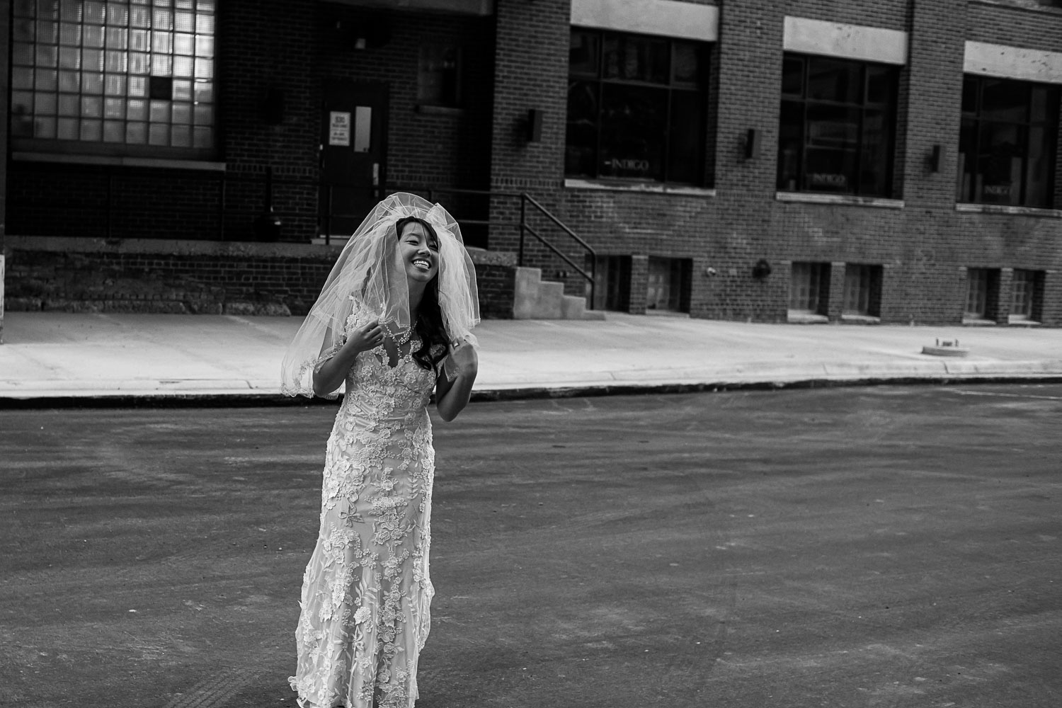 bride laughing in the North Loop of Minneapolis