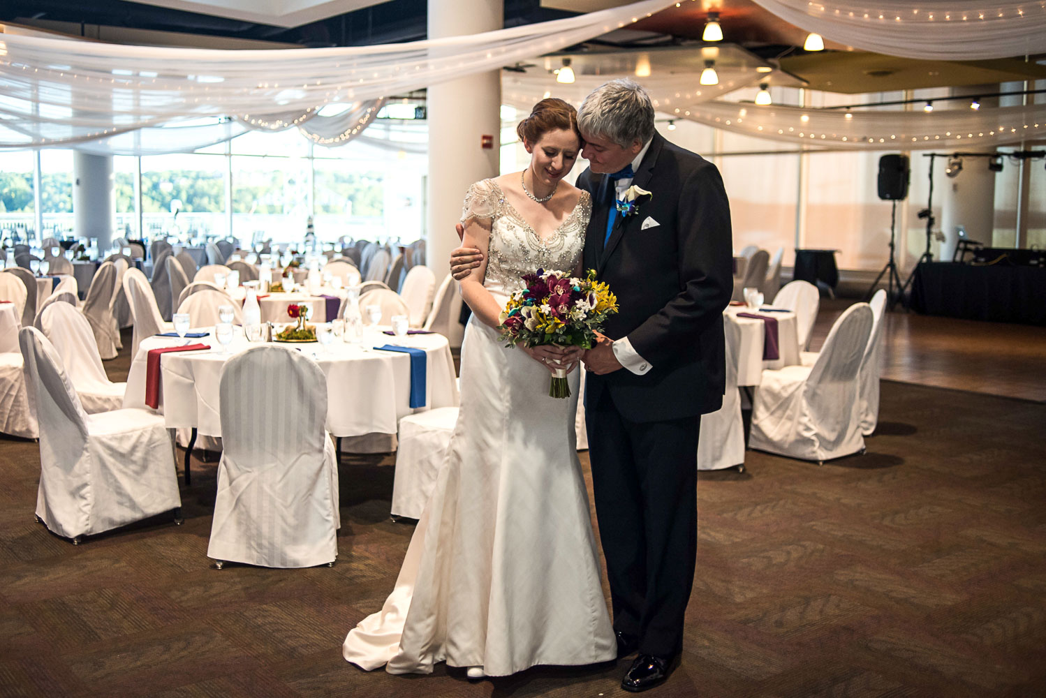 bride and groom seeing their reception set up at the Science Museum 