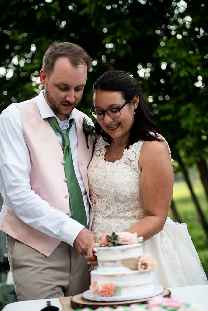 bride and groom cutting the wedding cake during their summer wedding at home in Minnesota