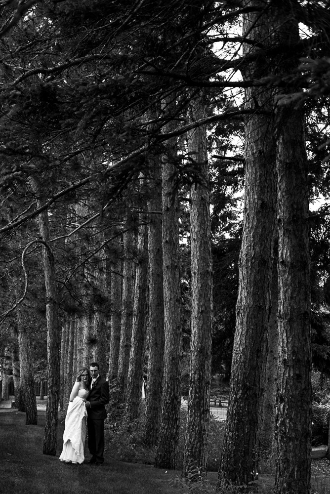 bride and groom standing next to pine trees at Pine Peaks Lodge in Minnesota