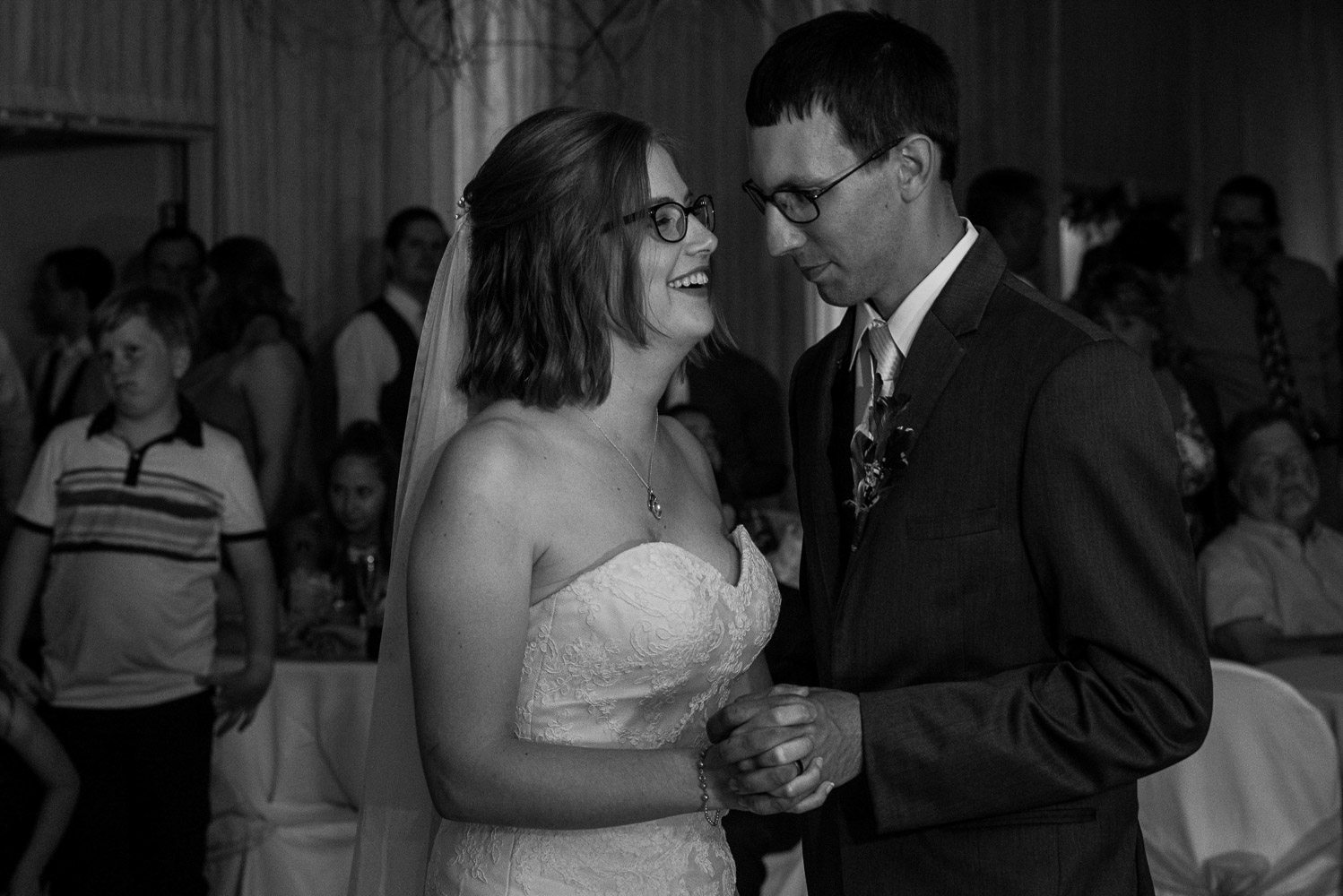 bride and groom dancing for the first time during their wedding reception at Pine Peaks Wedding and Event Center in Northern Minnesota