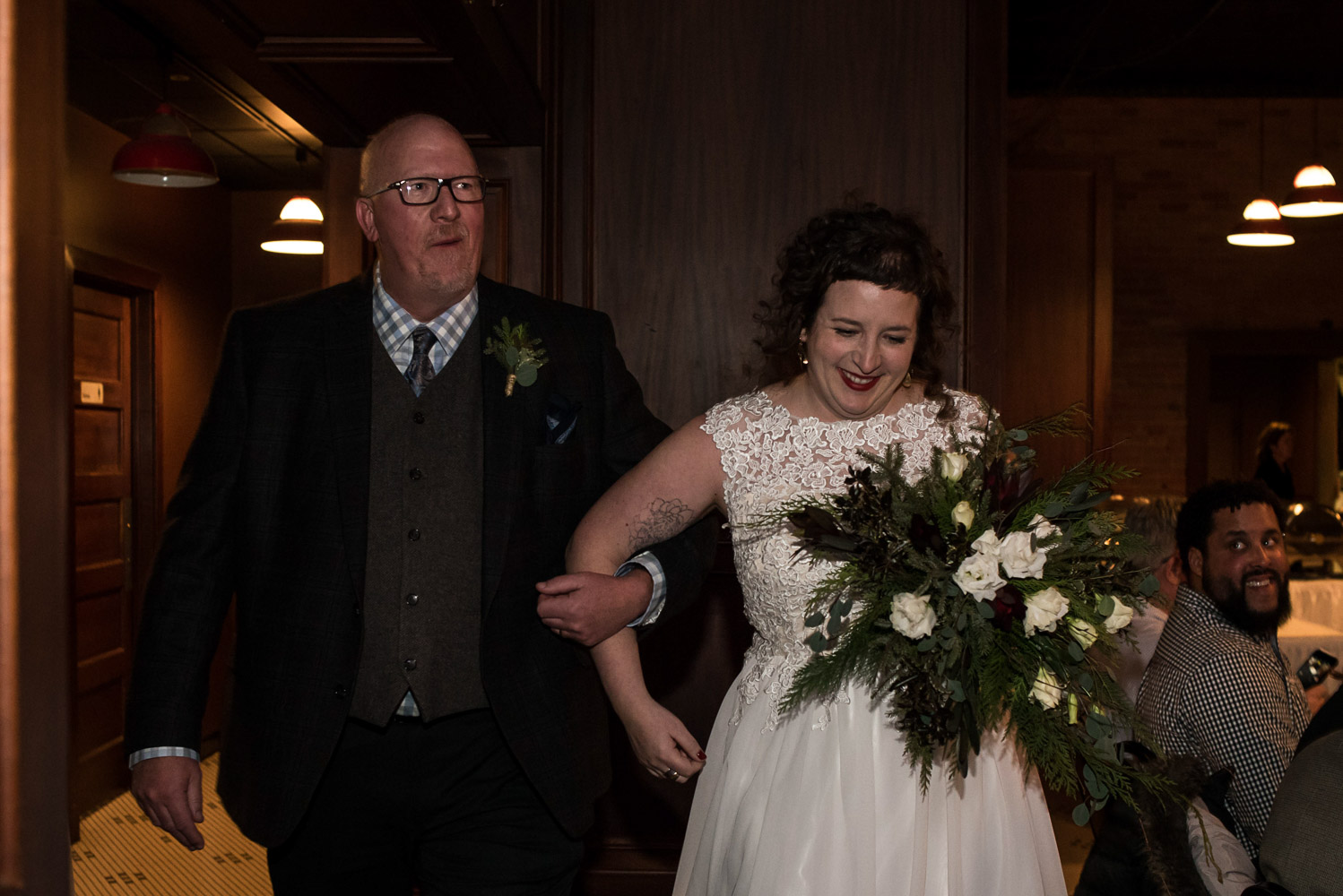 bride and her dad walking down the aisle for the wedding ceremony at Turtle's 1890 Social Centre