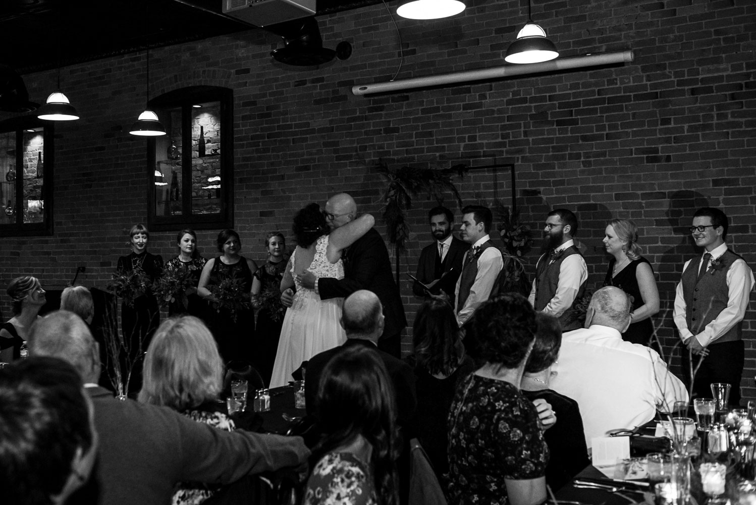 bride hugging her dad before the wedding ceremony at Turtle's 1890 Social Centre