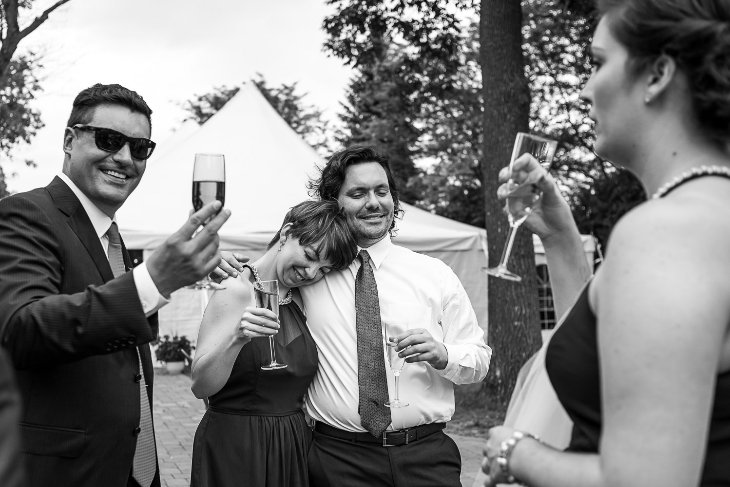 wedding party drinking and laughing at