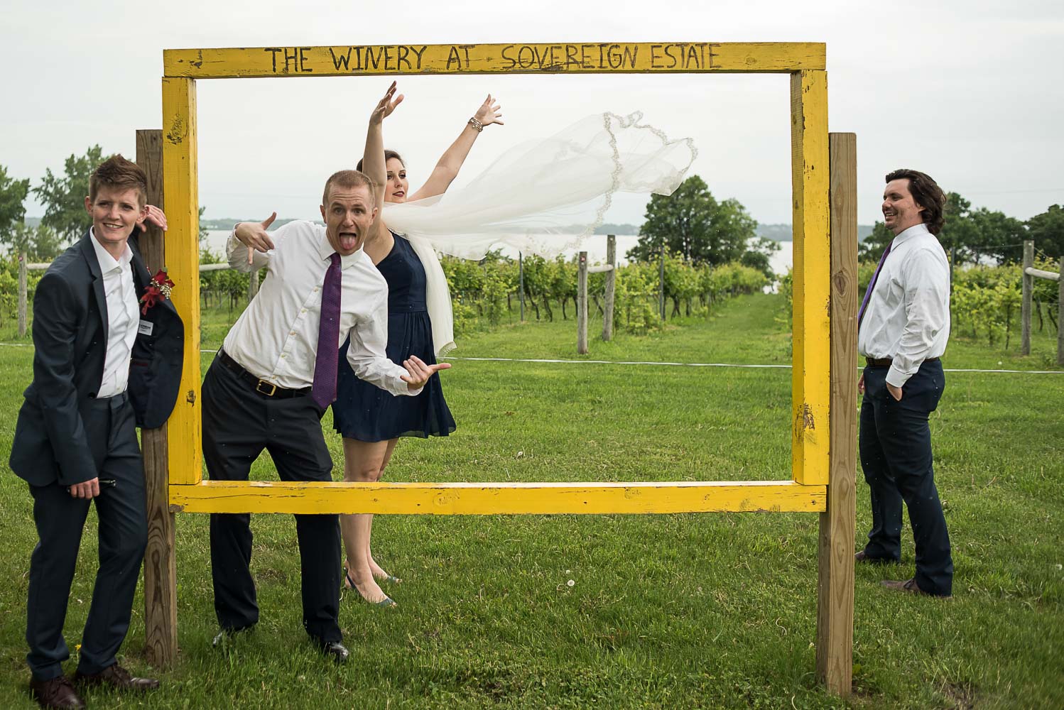 wedding party being laughing in the vineyard of Winery at Sovereign Estate